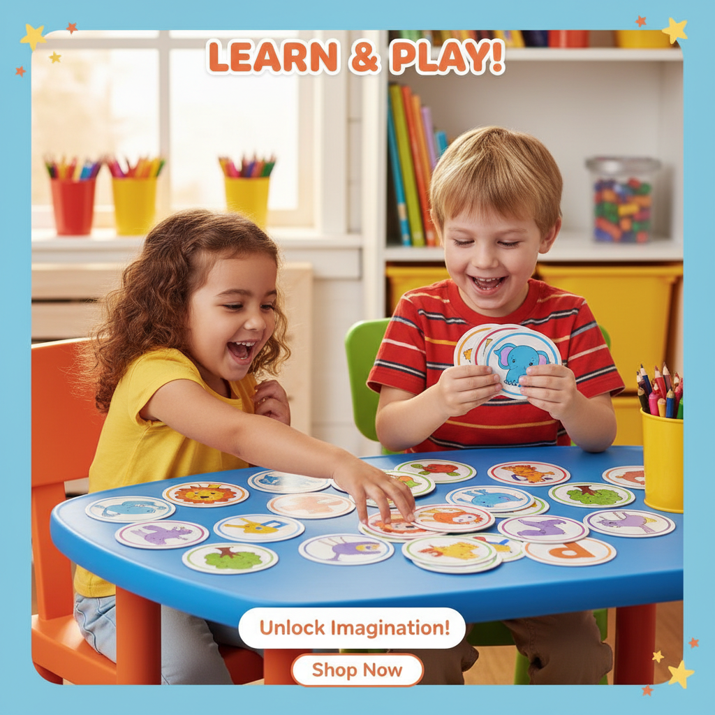 Two children playing an educational card game at a classroom table